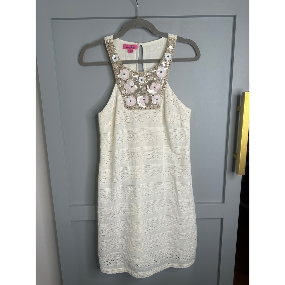 Monsoon Fusion White Cotton Eyelet 3D Floral Embellished Mini Dress Womens 4